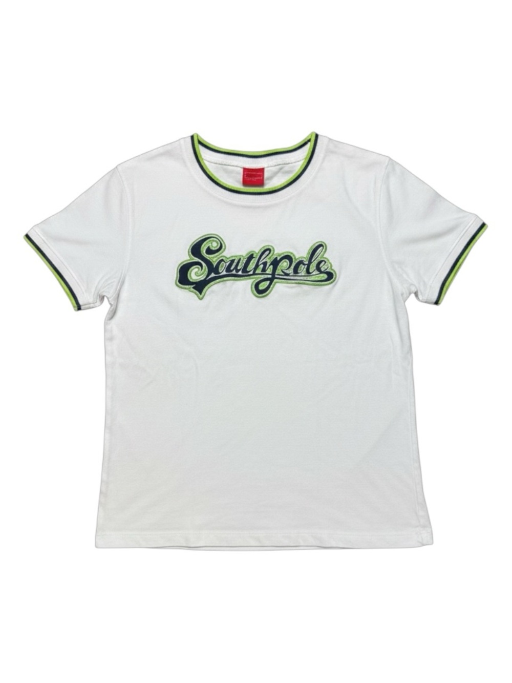 Y2K SouthPole White Ringer Short SleeveBaby Tee w/ Green Trim + Logo Size Large